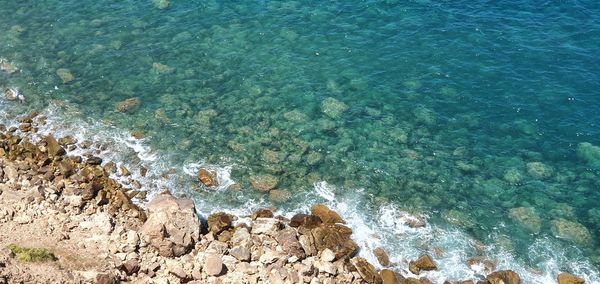 High angle view of rocks on beach