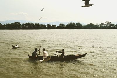 Two birds flying over lake against sky