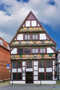 Street with half-timbered houses in paderborn city center, germany