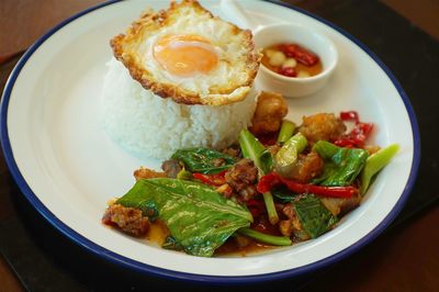 High angle view of breakfast served on table