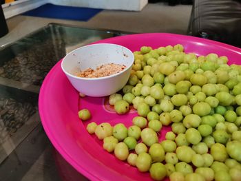 High angle view of fruits in bowl on table