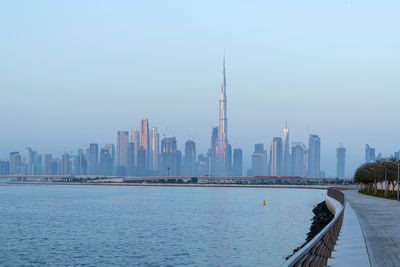 Dubai skyline view burj khalifa from al jadaf beach