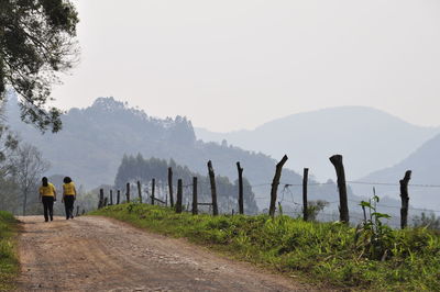 Rear view of people walking on mountain against clear sky