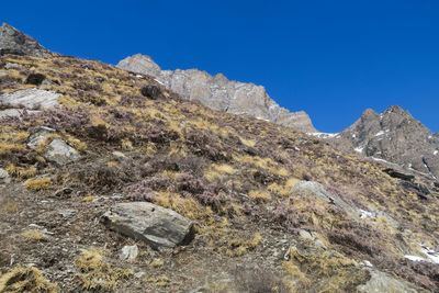 Scenic view of mountain against clear blue sky