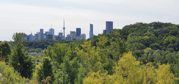 Scenic view of trees and buildings against sky