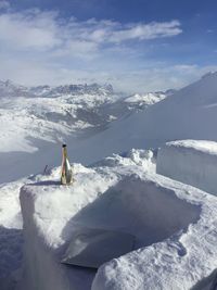 Man skiing on snowcapped mountains against sky