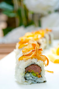 Close-up of sushi in plate