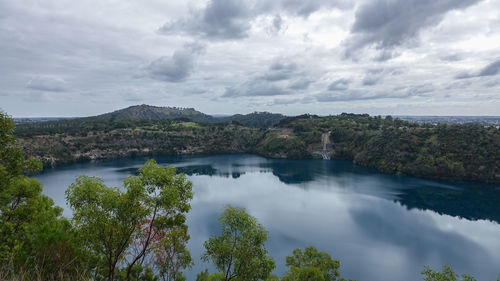 Scenic view of lake against cloudy sky