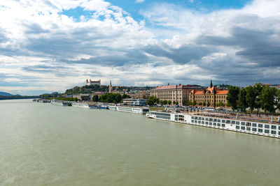 View of buildings by river against cloudy sky