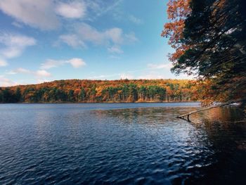 Scenic view of lake against cloudy sky