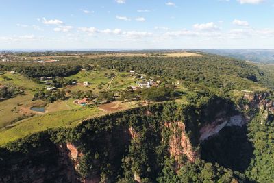 High angle view of trees on landscape against sky