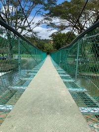 Empty footbridge amidst trees