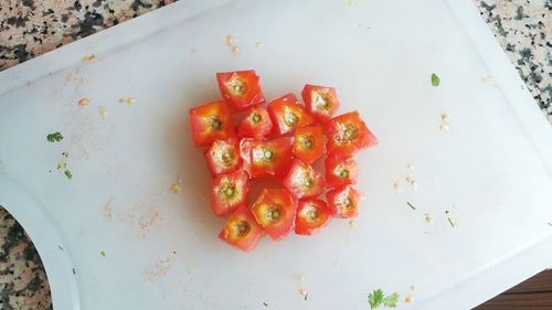 High angle view of fruits in plate on table