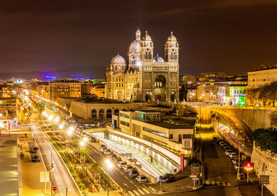 High angle view of traffic on road at night