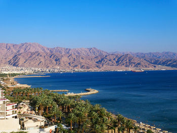 Scenic view of bay against clear blue sky