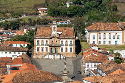 High angle view of old buildings in town