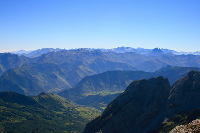 Scenic view of mountains against clear blue sky