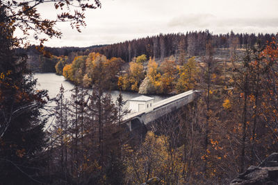 Scenic view of lake in forest against sky during autumn