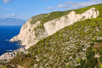 Scenic view of sea by mountains against sky