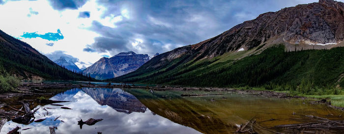 Scenic view of lake and mountains against sky