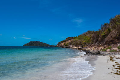 Scenic view of sea against blue sky