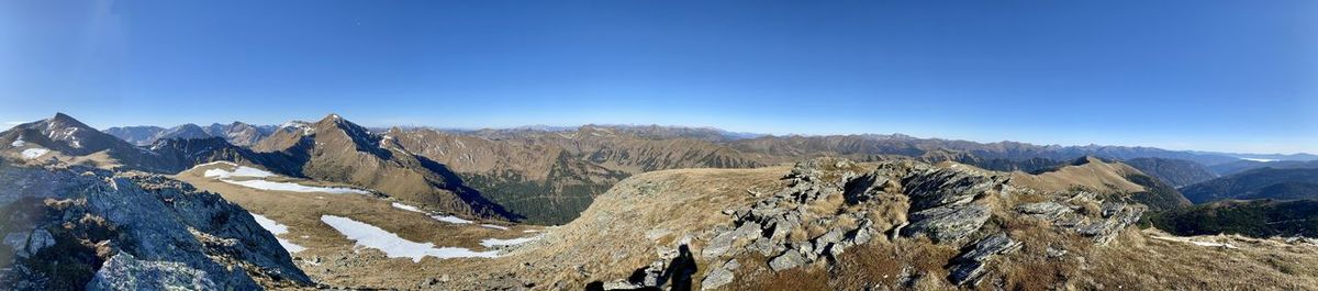 Panoramic view of landscape and mountains against clear blue sky