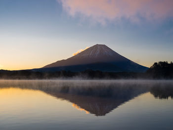 Scenic view of lake and mt fuji against sky during sunset. japan 