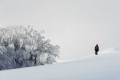Person on snowcapped mountain against clear sky