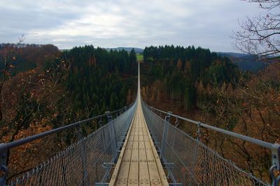 Panoramic view of footbridge in forest against sky