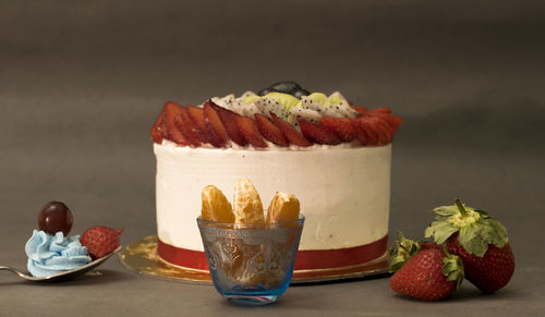 Close-up of dessert served on table