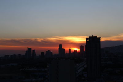 Modern buildings in city against sky during sunset