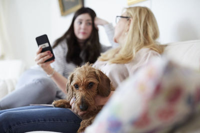 Mother with dog showing mobile phone to daughter while sitting on sofa at home