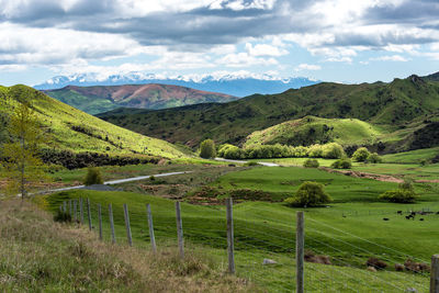 Scenic view of green landscape against sky