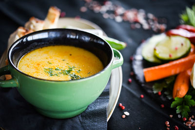 Close-up of soup in bowl on table
