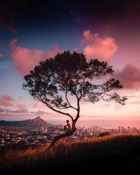 Silhouette tree on field against sky at sunset