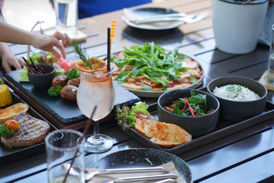 High angle view of food served on table