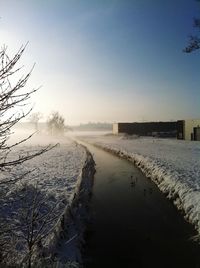 Scenic view of snow covered landscape against clear sky