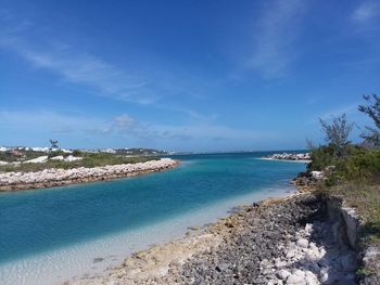 Scenic view of sea against blue sky