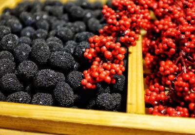 High angle view of cherries in container