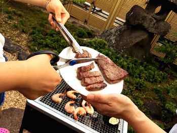 Cropped hand of person cutting meat in plate at backyard