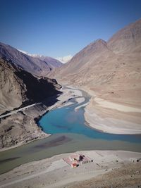 Scenic view of rivers and mountains against clear blue sky