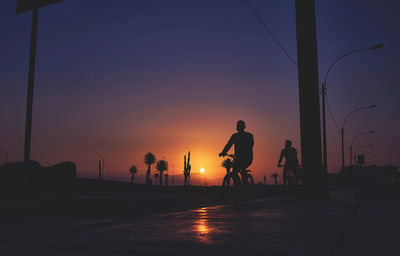 Silhouette people by sea against clear sky during sunset