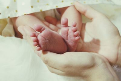 Cropped hands touching feet of baby