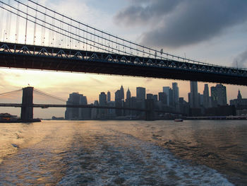 View of suspension bridge with city in background