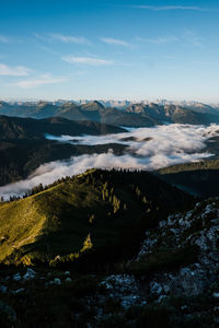 Scenic view of tegernsee valley during sunrise from roßstein mountain peak.