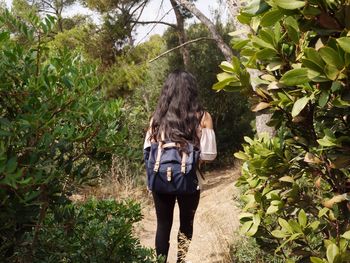 Rear view of woman with backpack walking amidst plants