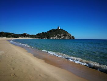 Scenic view of sea against clear blue sky