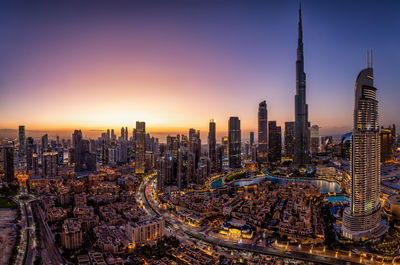 High angle view of cityscape against sky at night