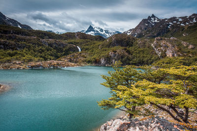 Scenic view of lake and mountains against sky