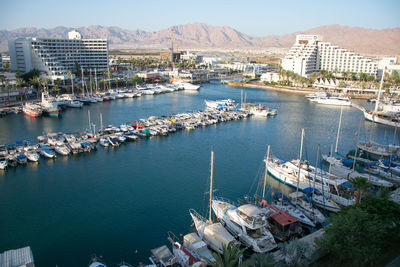 High angle view of harbor in city